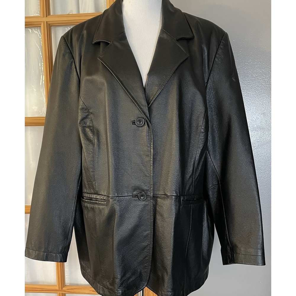 Maggie Barnes Genuine Leather Blazer Jacket 3X Black Button Down Classic